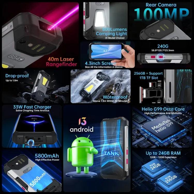 Unihertz Tank mini 1/8849, téléphone incassable, 12 Go + 256 Go, télémètre laser, appareil photo 100 MP, 4,3 pouces réseau : 4G (noir)