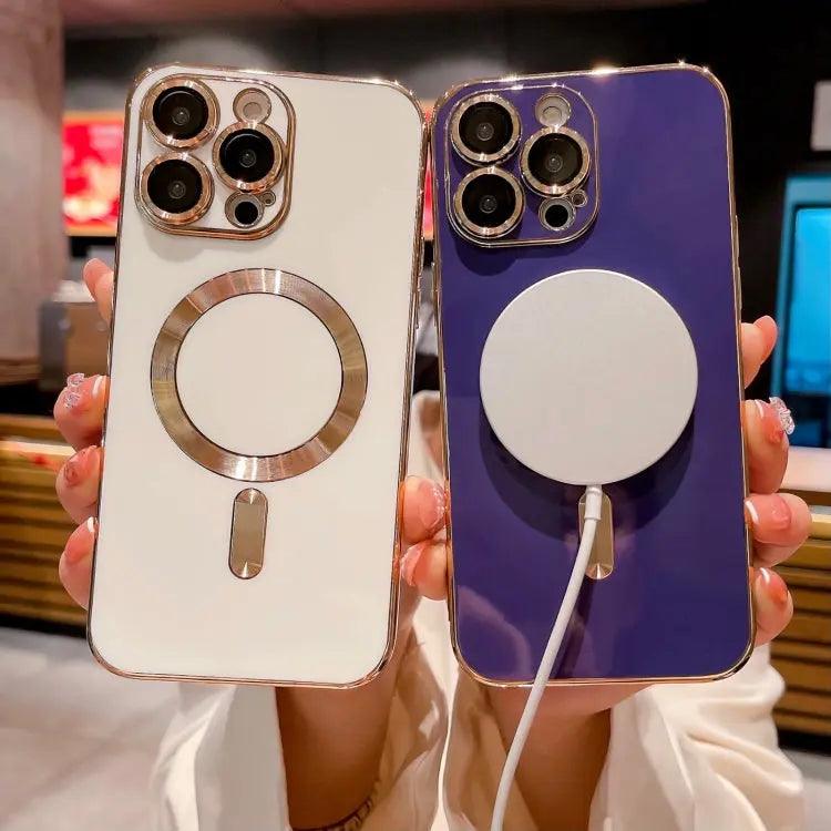 Coque pour iPhone 15 à 12 Magsafe Plating TPU avec Film d'Objectif (Blanc)