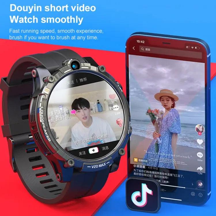 V20 1,6 pouces WiFi 4G Carte SIM Double caméra Montre intelligente, Mémoire: Ram 4 Go Rom 128 Go (cuir noir)