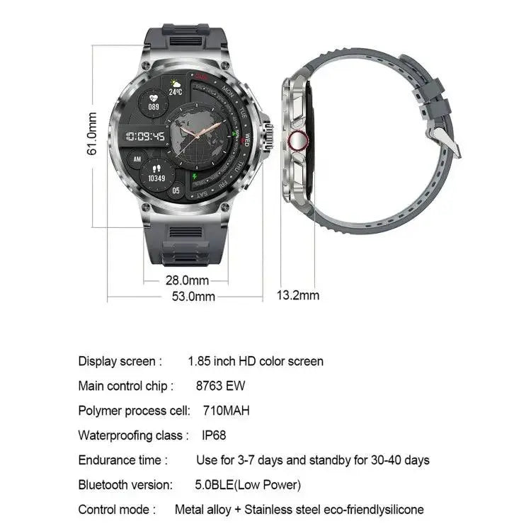 V69 IP68 BT5.0 1,85 pouces montre intelligente prenant en charge la détection des appels vocaux/du sommeil (argent)
