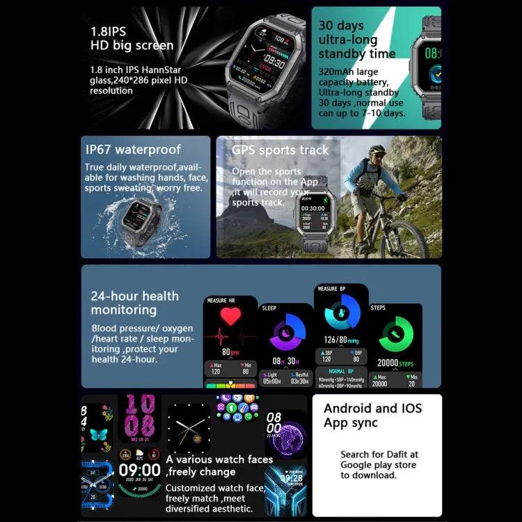Montre intelligente de sport podomètre étanche KR06, prise en charge de la fréquence cardiaque/surveillance de la pression artérielle/appel BT (noir)