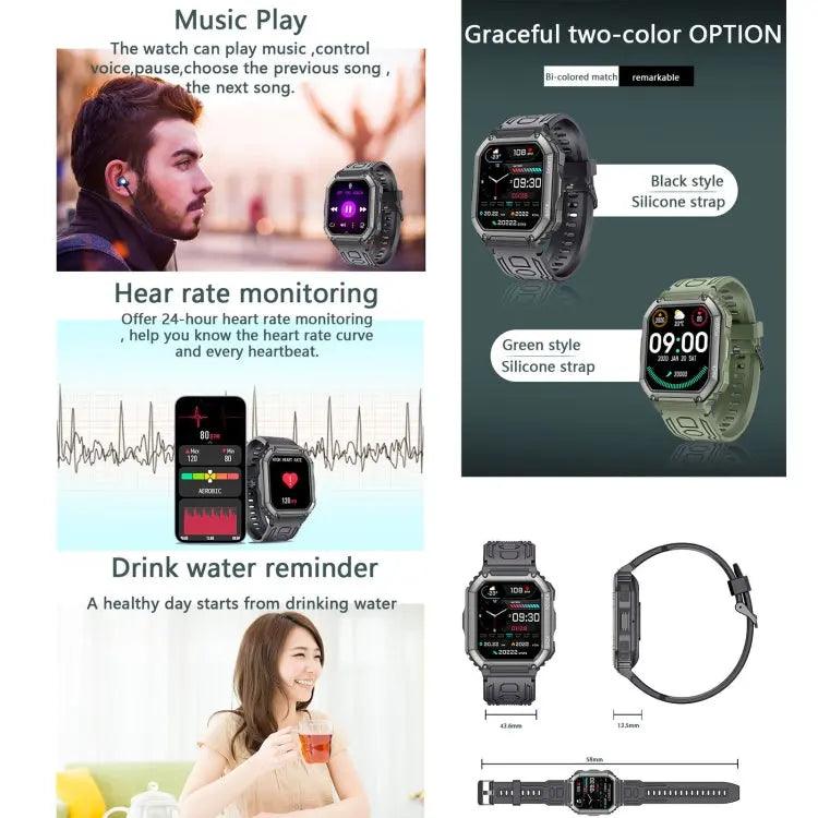 Montre intelligente de sport podomètre étanche KR06, prise en charge de la fréquence cardiaque/surveillance de la pression artérielle/appel BT (noir)