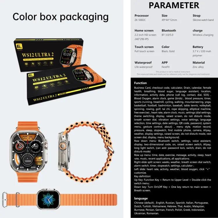 Montre intelligente de sport WS12 ULTRA 2 de 2,2 pouces, code de paiement de prise en charge / appel Bluetooth / sommeil / oxygène sanguin / fréquence cardiaque / moniteur de santé de la pression artérielle (noir)