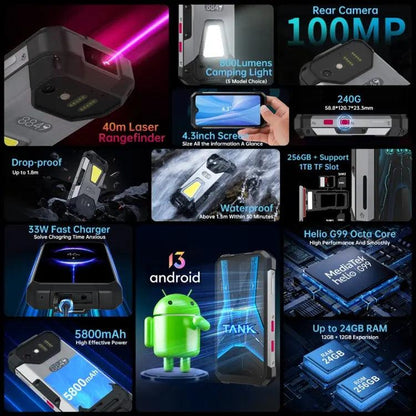 Unihertz Tank mini 1/8849, téléphone incassable, 12 Go + 256 Go, télémètre laser, appareil photo 100 MP, 4,3 pouces réseau : 4G (noir)