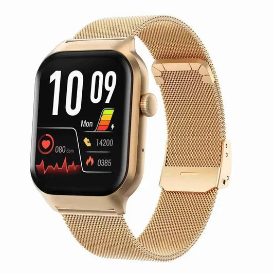 Montre intelligente avec bracelet en acier milanais de 2,01 pouces, appel Bluetooth, prise en charge de la surveillance de la fréquence cardiaque/glycémie non invasive (or)