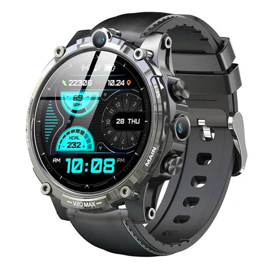 V20 1,6 pouces WiFi 4G Carte SIM Double caméra Montre intelligente, Mémoire: Ram 4 Go Rom 128 Go (cuir noir)
