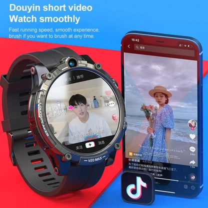 V20 1,6 pouces WiFi 4G Carte SIM Double caméra Montre intelligente, Mémoire: Ram 4 Go Rom 128 Go (cuir noir)