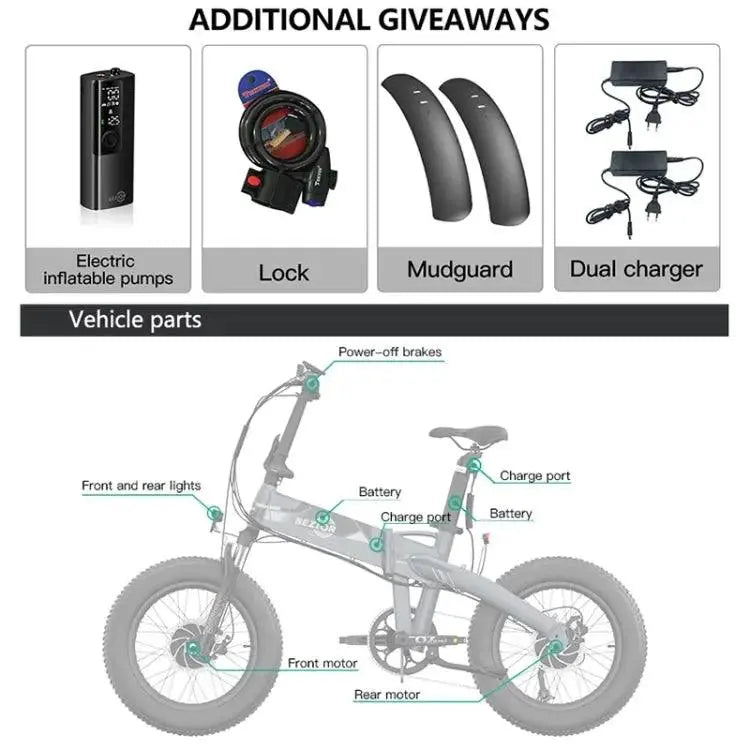 Vélo électrique pliant à double moteur BEZIOR XF005 500W 36V / 16Ah avec pneus de 20 pouces - lesbeauxprix