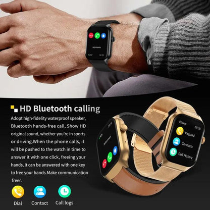 Montre intelligente avec bracelet en acier milanais de 2,01 pouces, appel Bluetooth, prise en charge de la surveillance de la fréquence cardiaque/glycémie non invasive (or)
